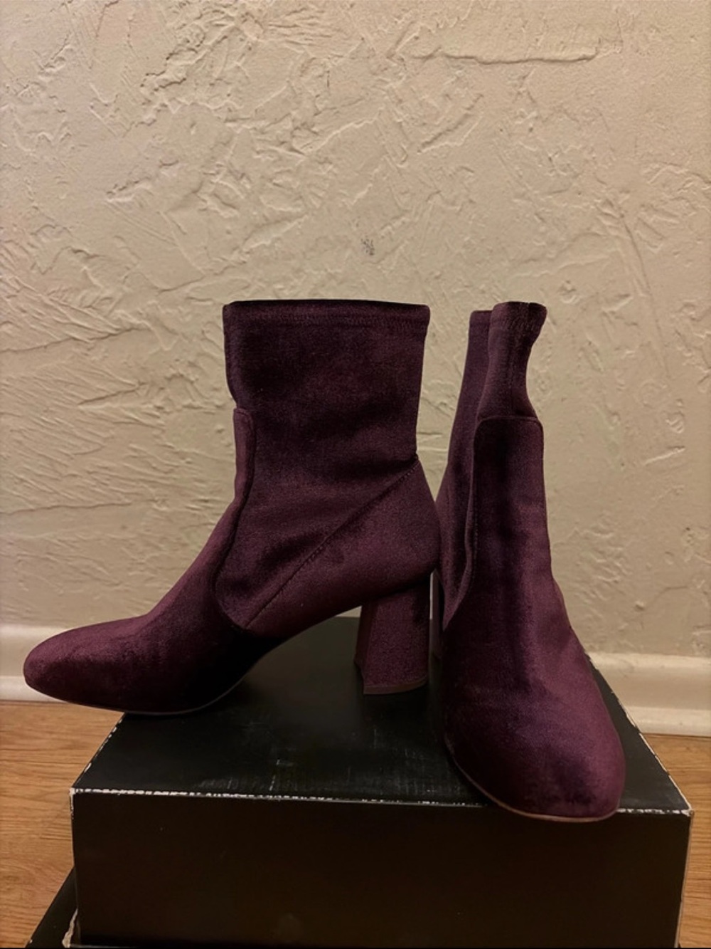 Ann Taylor Women’s Velvet Block Heel Ankle Boots in Plum